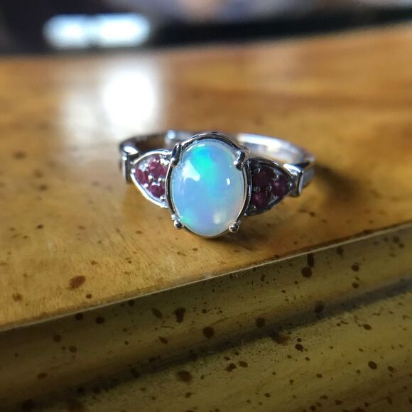 Natural Ethiopian Welo Opal Ruby Sterling Silver Ring Size 9 - Picture 3 of 8